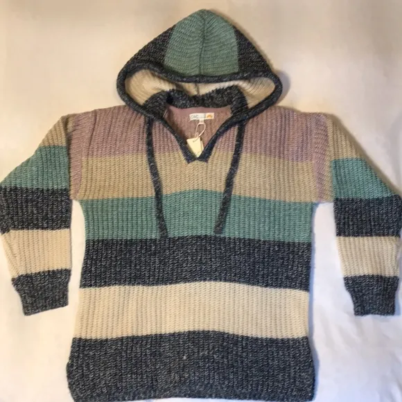 NWT C&amp;C California Marl Striped Chunky Hooded V-Neck Sweater