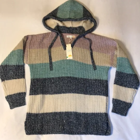 NWT C&amp;C California Marl Striped Chunky Hooded V-Neck Sweater