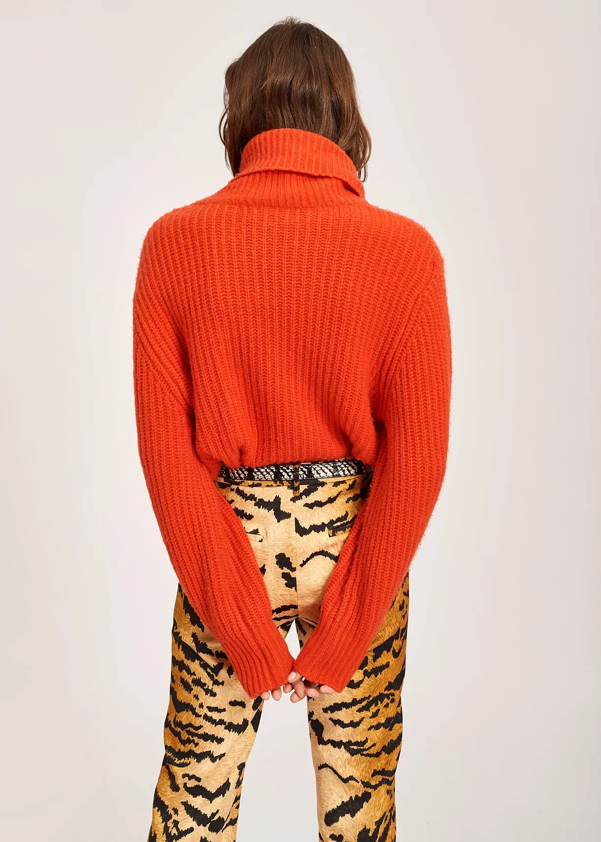 Orange ribbed-knit turtleneck sweater