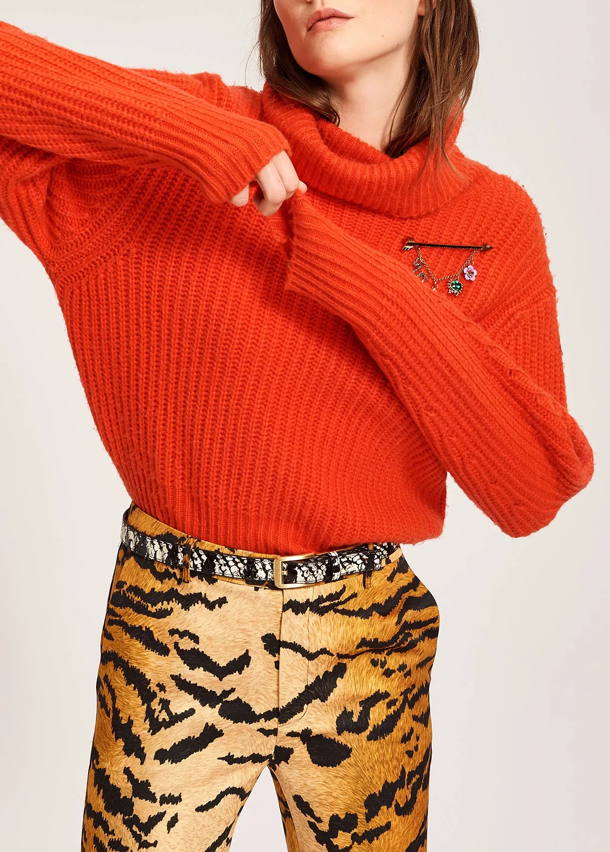 Orange ribbed-knit turtleneck sweater