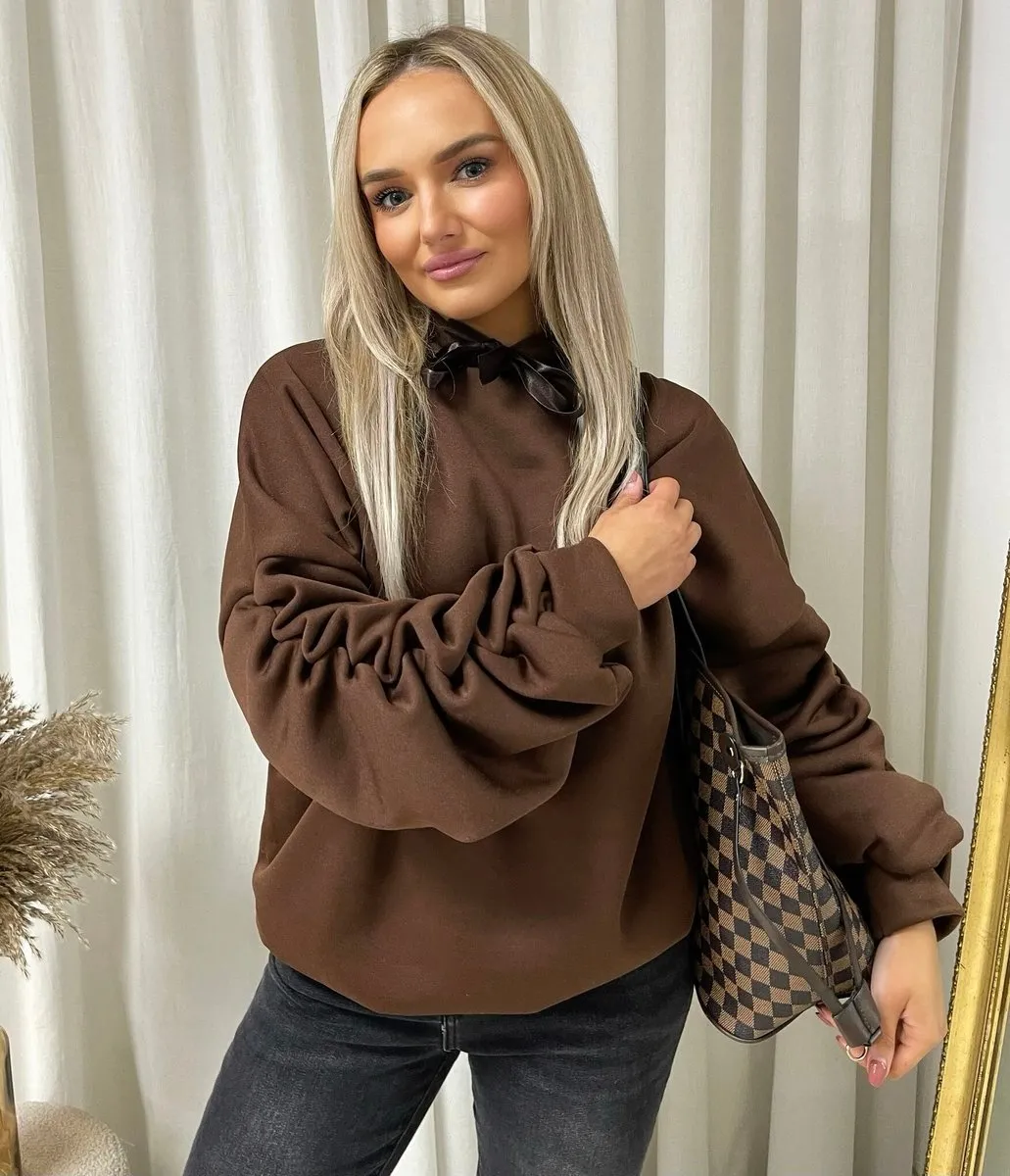 Oversized Ruched Sleeves Knitted Hoodie with Ribbon Detail