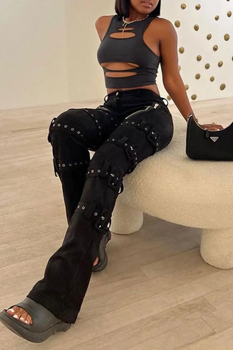 PG0122 Buckles Belted Denim Pants
