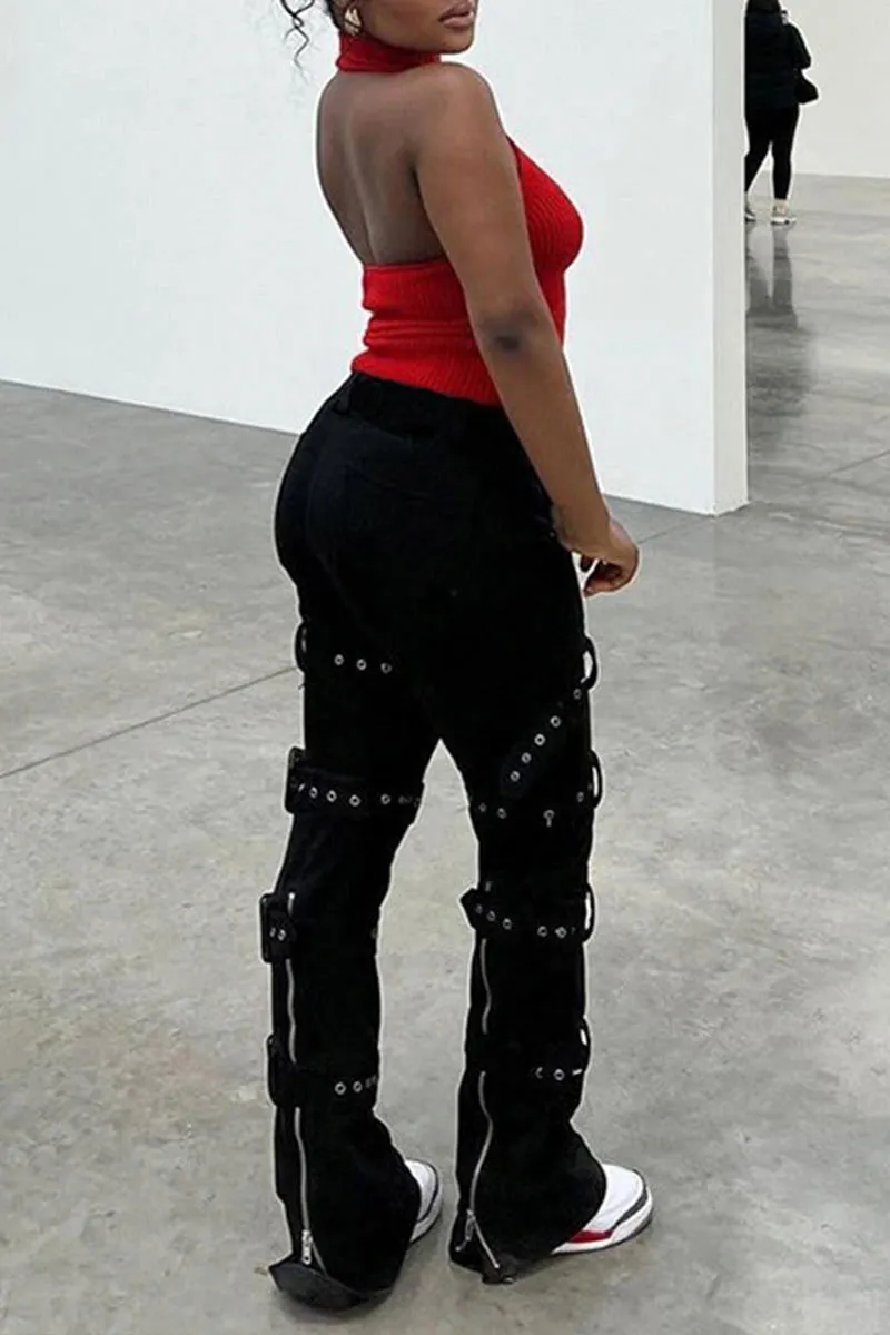 PG0122 Buckles Belted Denim Pants