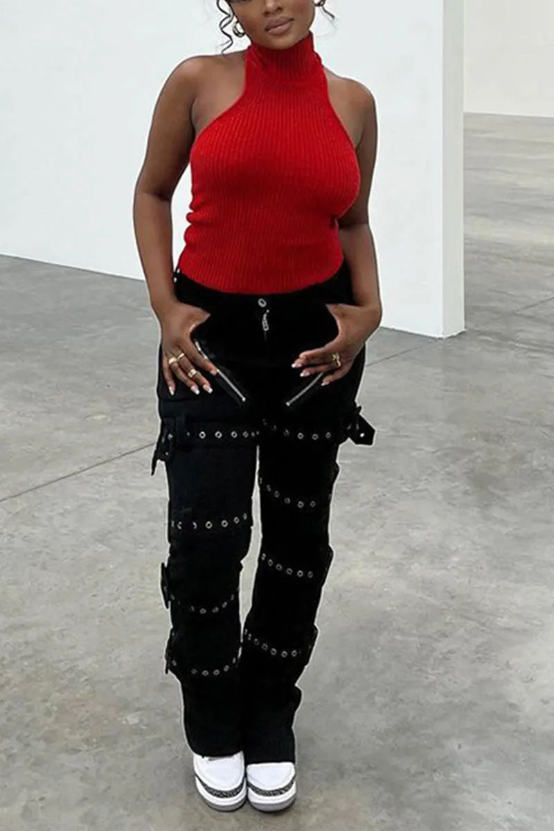 PG0122 Buckles Belted Denim Pants