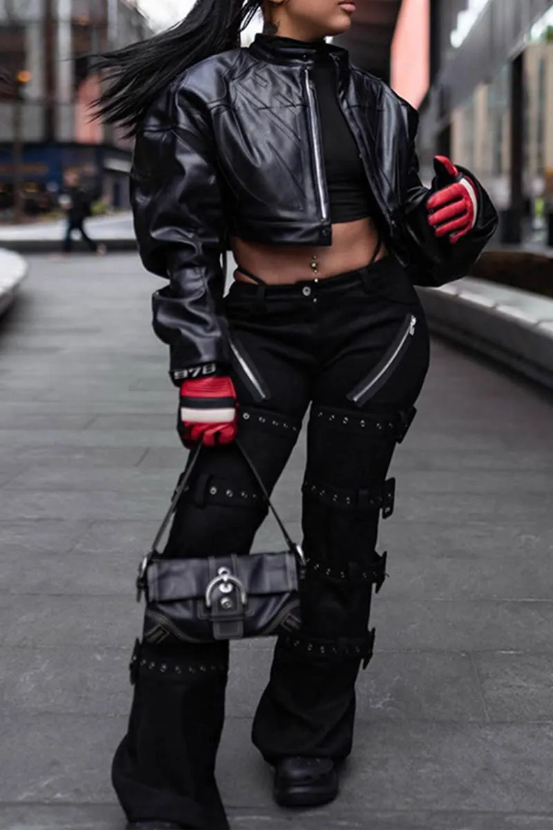 PG0122 Buckles Belted Denim Pants