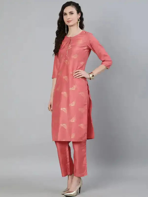 Pink Ethnic Motifs Print Silk Blend Kurta With Pants & Dupatta