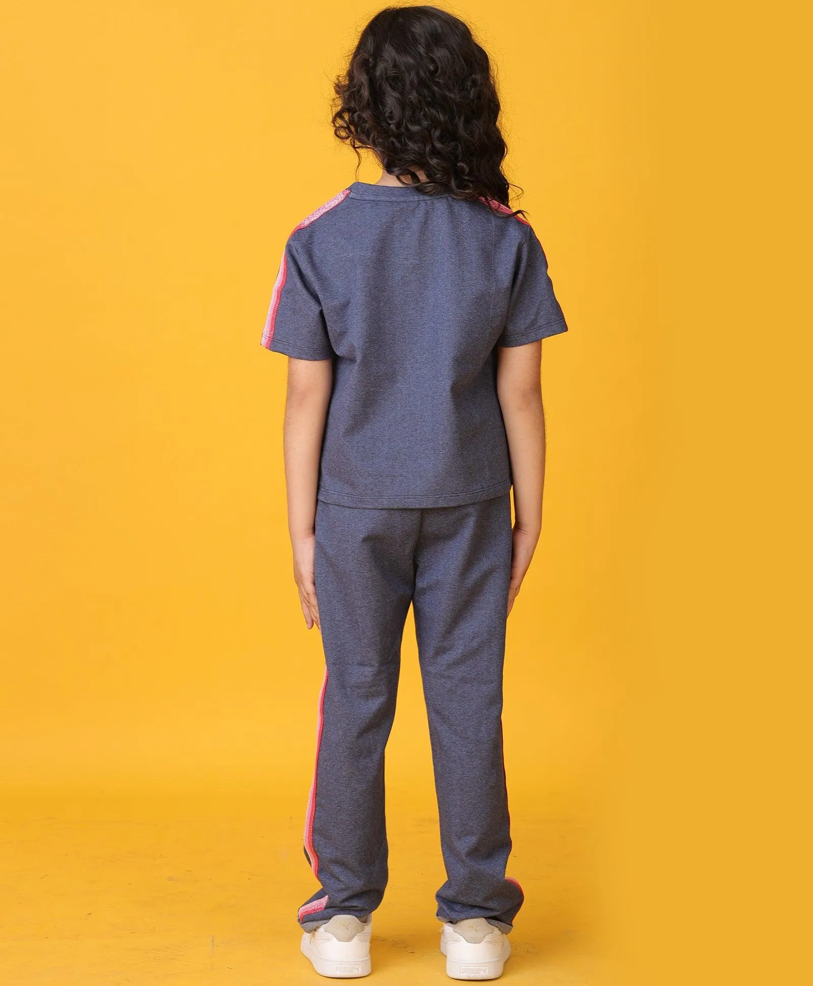 PINK GLITTER TAPE BLUE MELANGE JOGGER SET - BLUE