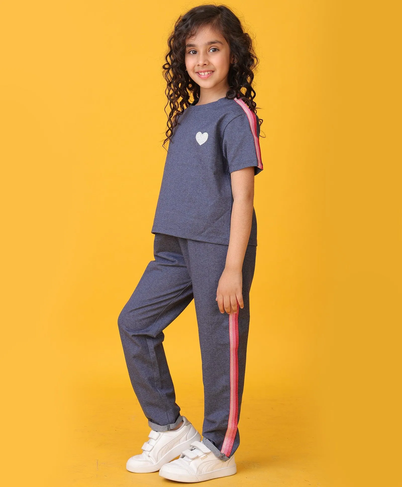 PINK GLITTER TAPE BLUE MELANGE JOGGER SET - BLUE