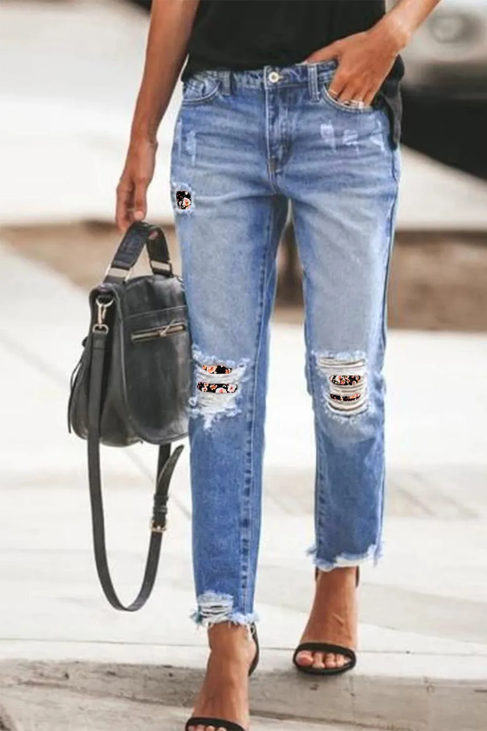 Plaid Patchwork Hollow Out Frayed Hem Ripped Jeans