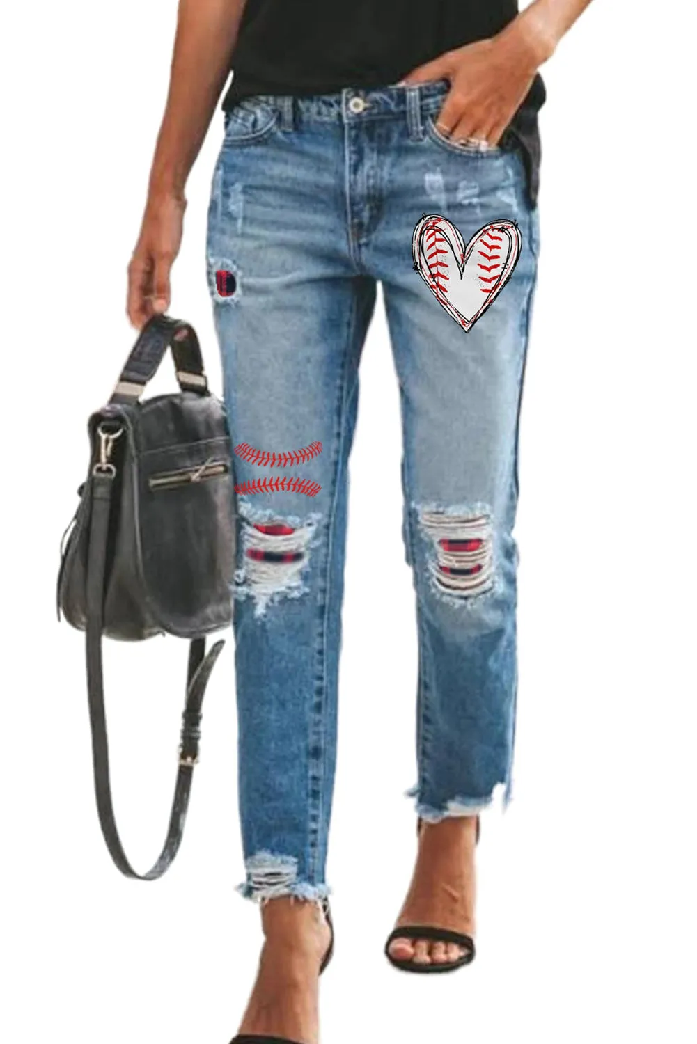 Plaid Patchwork Hollow Out Frayed Hem Ripped Jeans