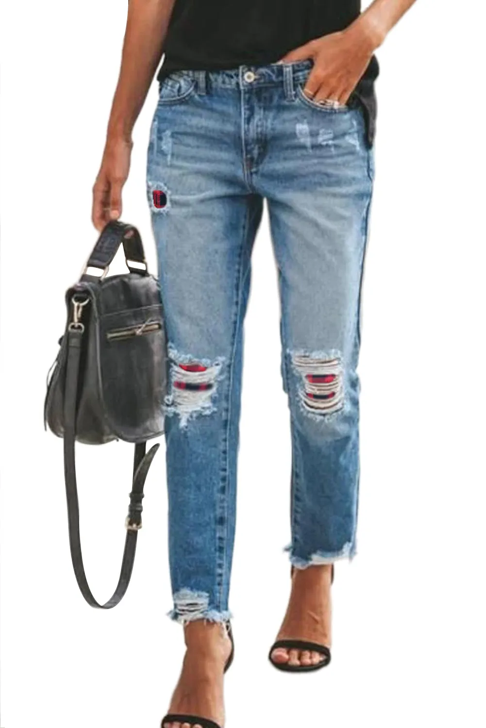 Plaid Patchwork Hollow Out Frayed Hem Ripped Jeans