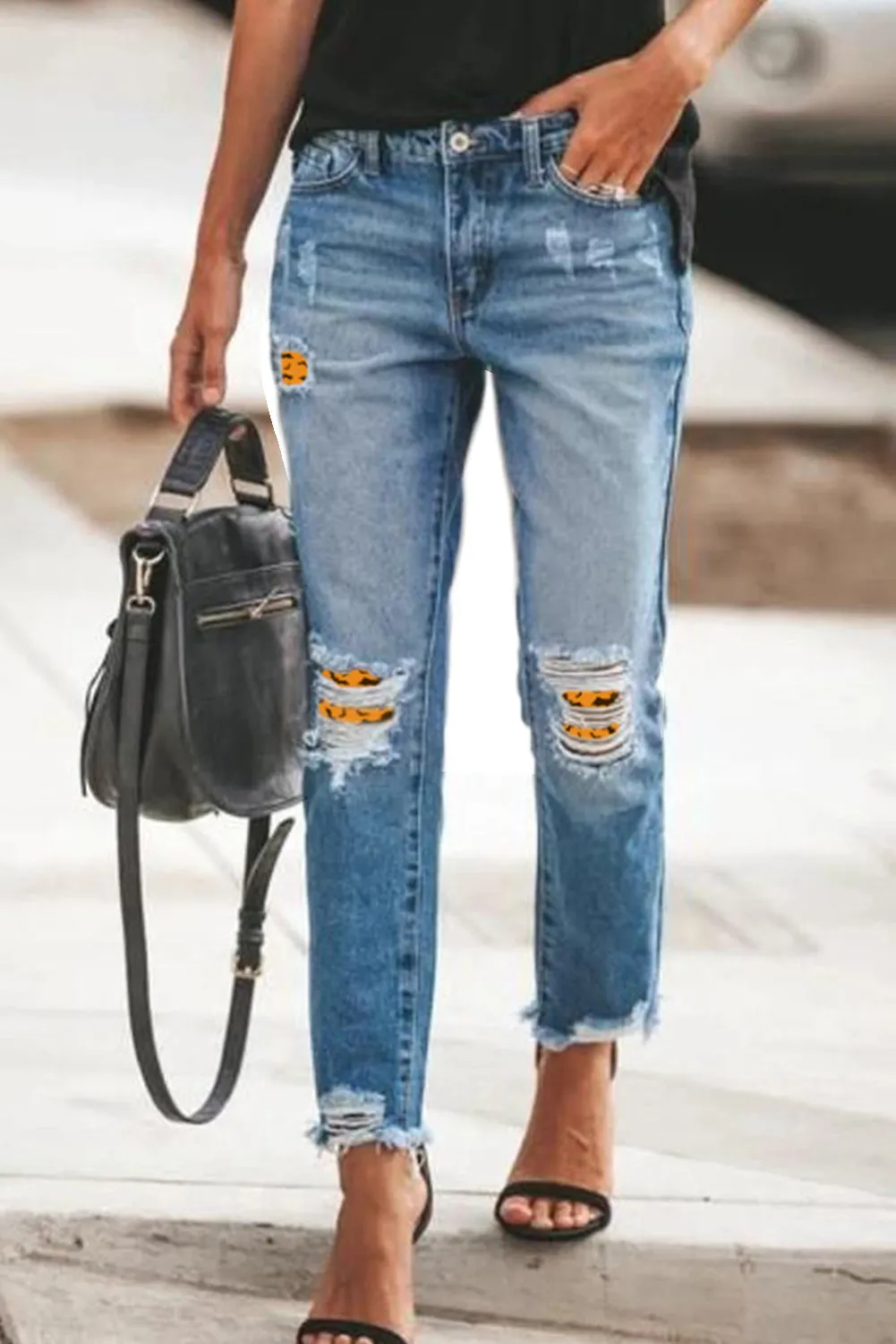 Plaid Patchwork Hollow Out Frayed Hem Ripped Jeans