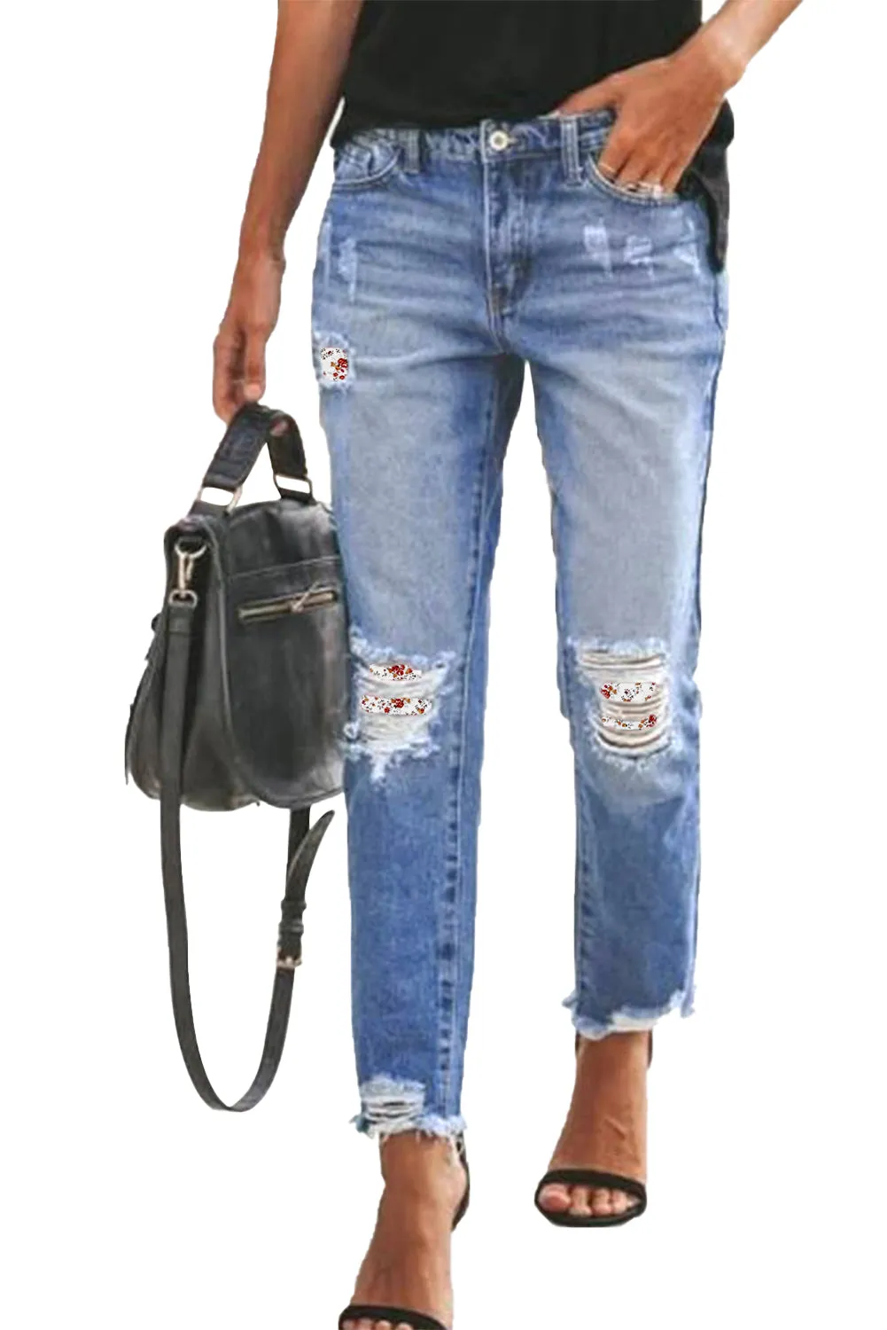 Plaid Patchwork Hollow Out Frayed Hem Ripped Jeans
