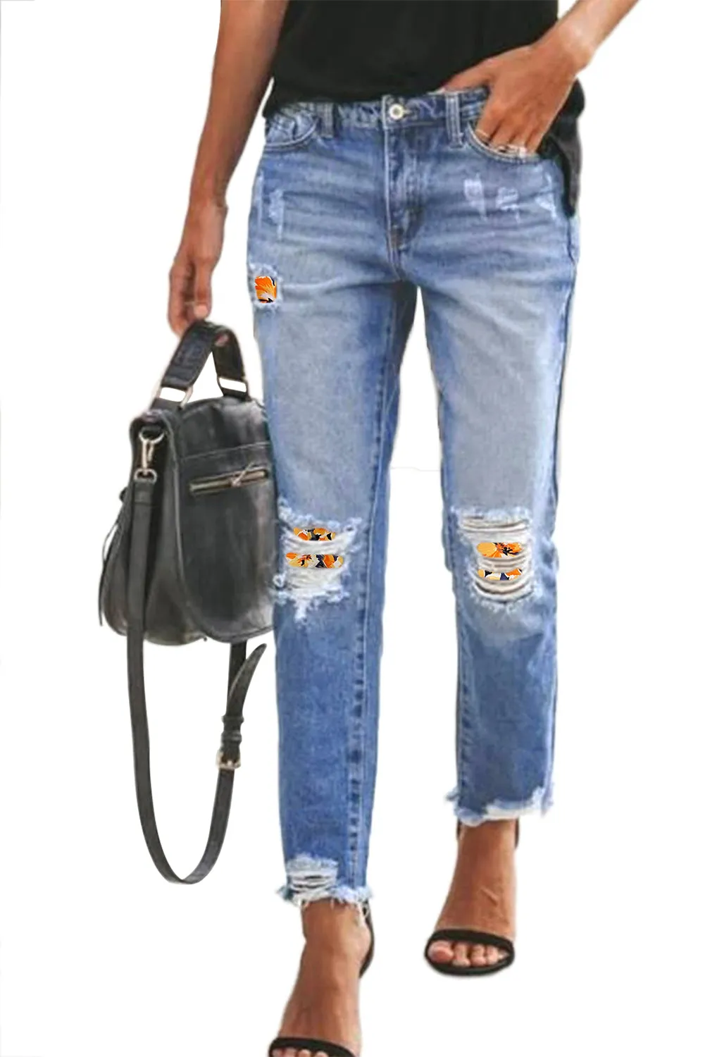 Plaid Patchwork Hollow Out Frayed Hem Ripped Jeans