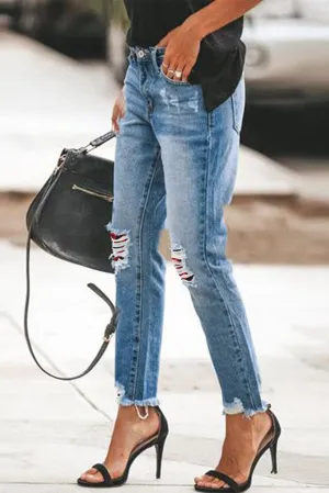 Plaid Patchwork Hollow Out Frayed Hem Ripped Jeans