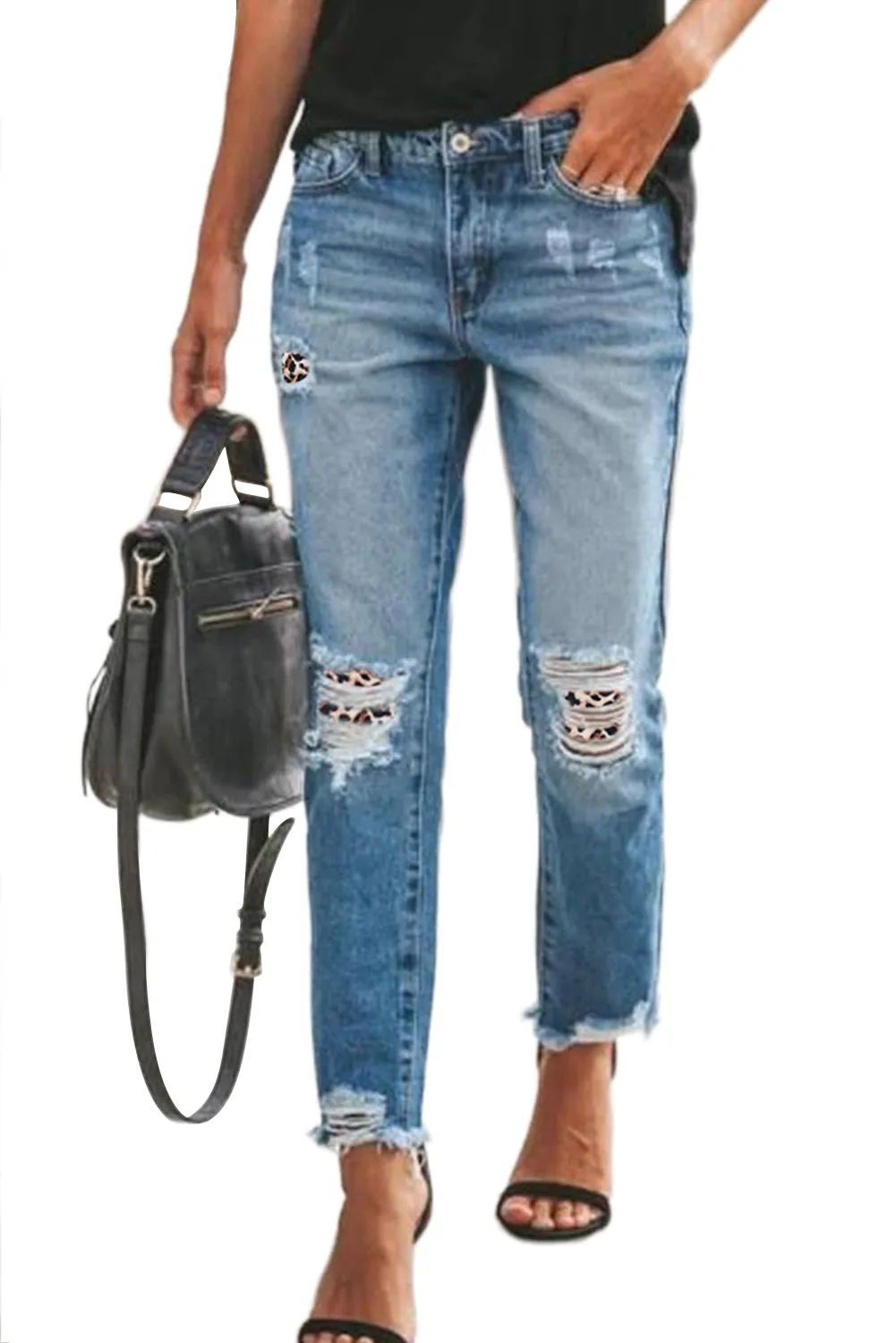 Plaid Patchwork Hollow Out Frayed Hem Ripped Jeans