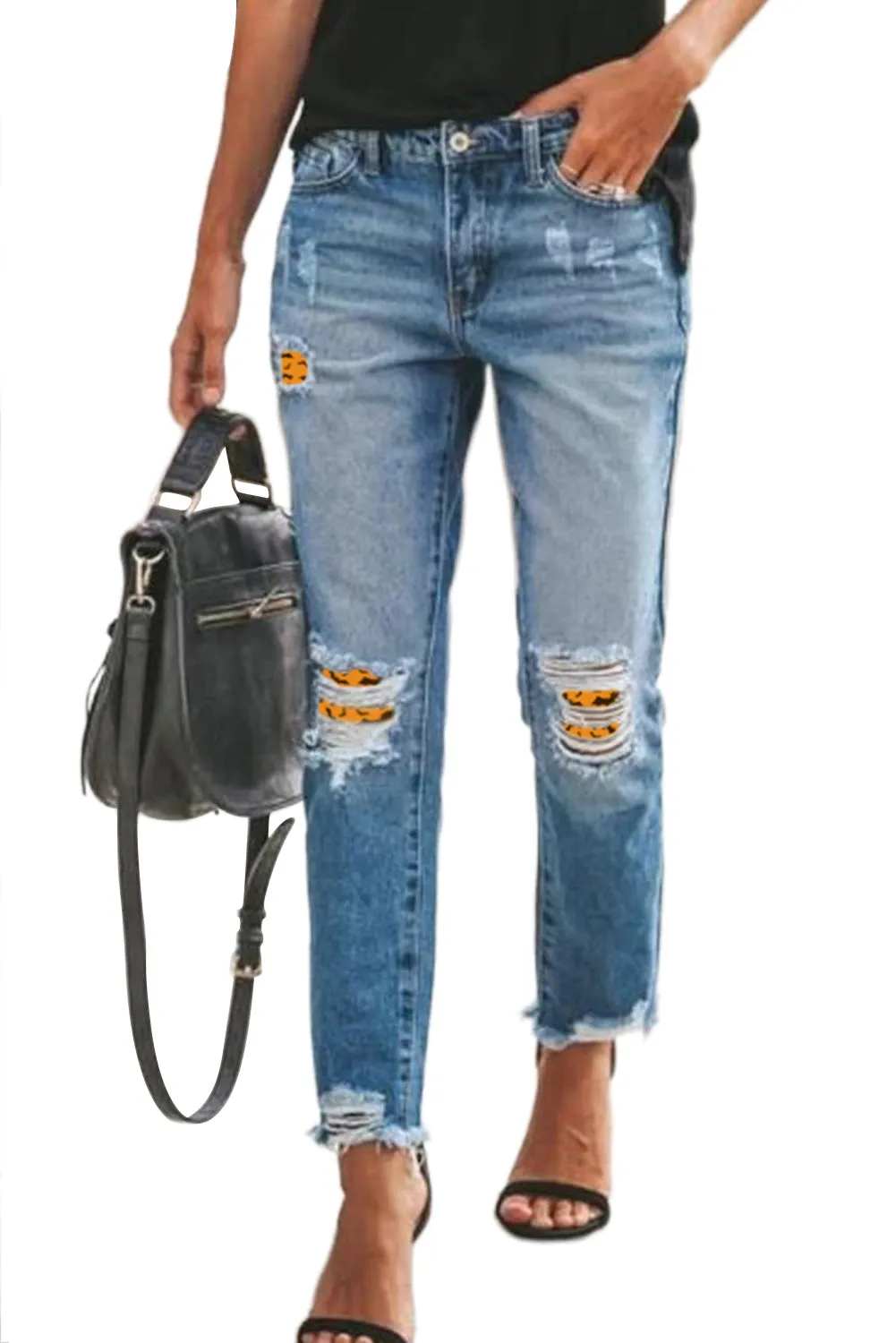 Plaid Patchwork Hollow Out Frayed Hem Ripped Jeans