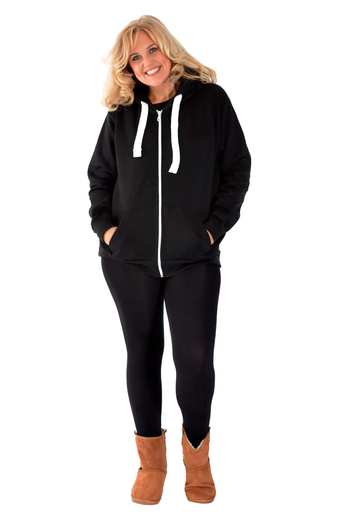 Plus Size Pocket Plain Zip Hoodie