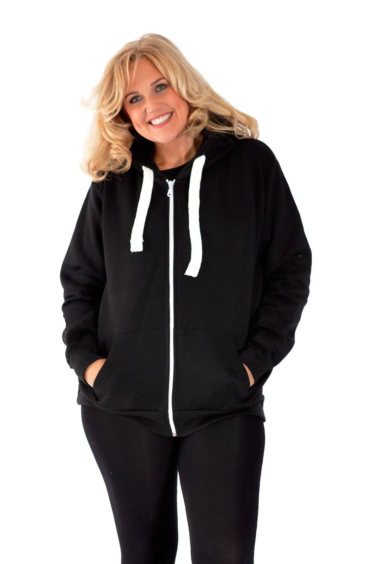 Plus Size Pocket Plain Zip Hoodie