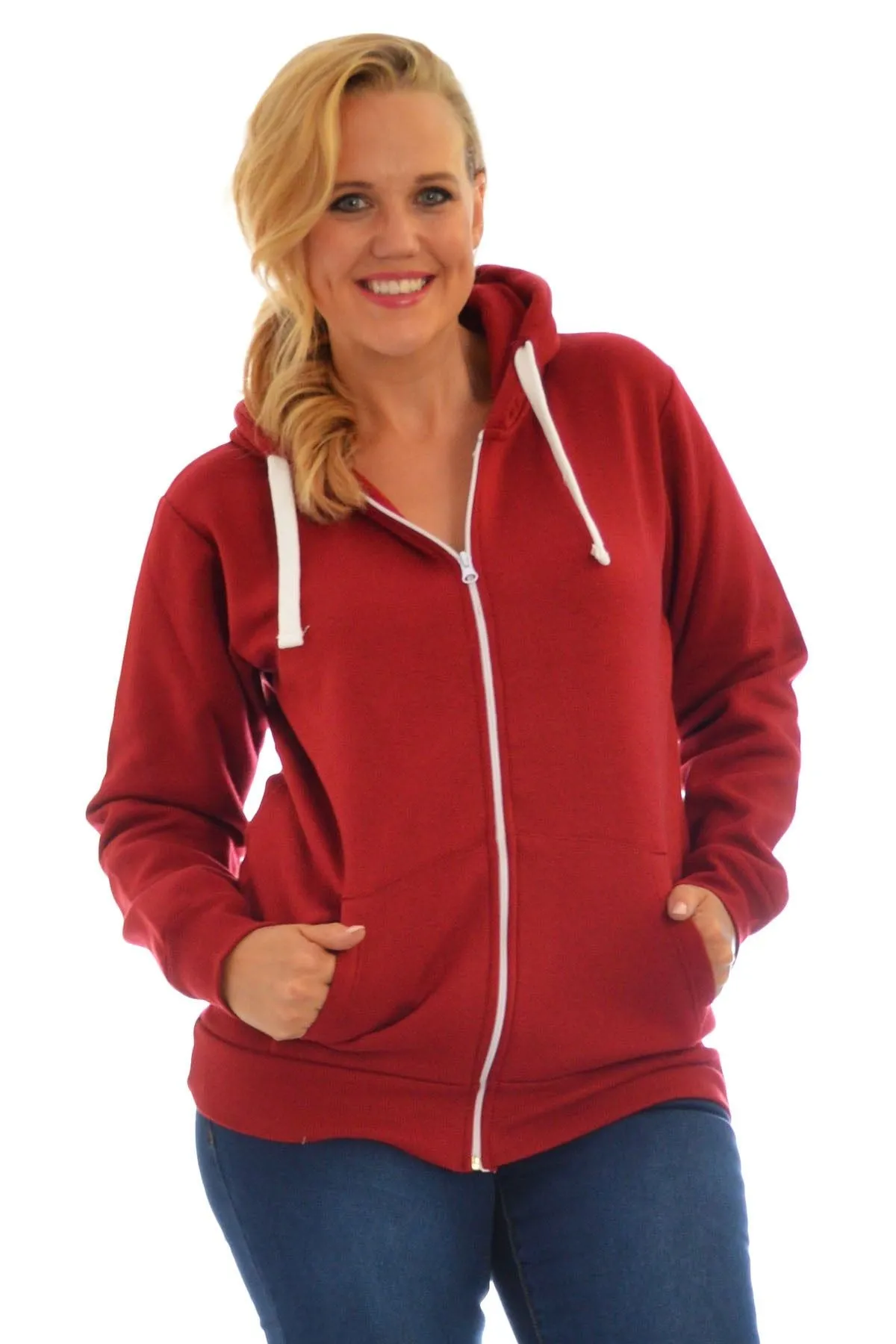 Plus Size Pocket Plain Zip Hoodie