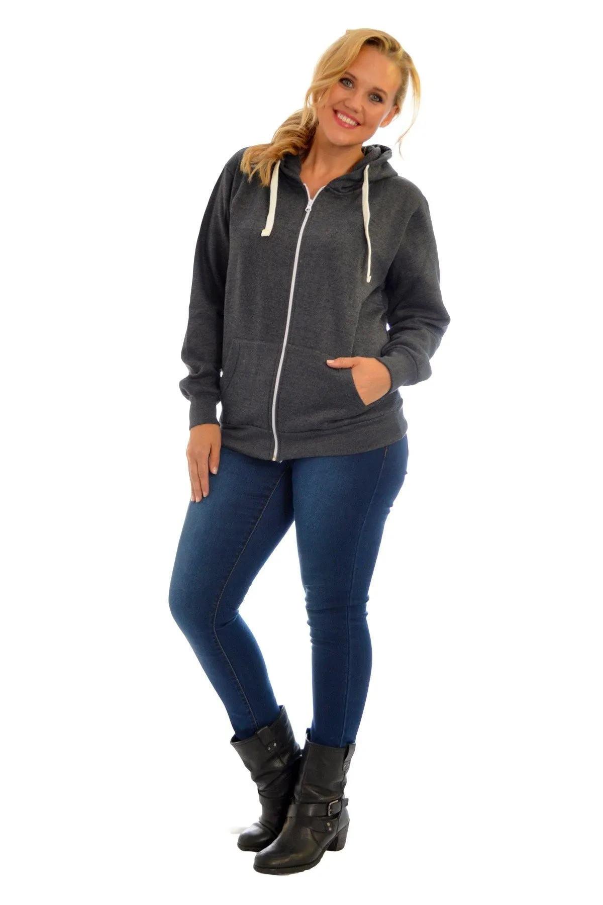 Plus Size Pocket Plain Zip Hoodie