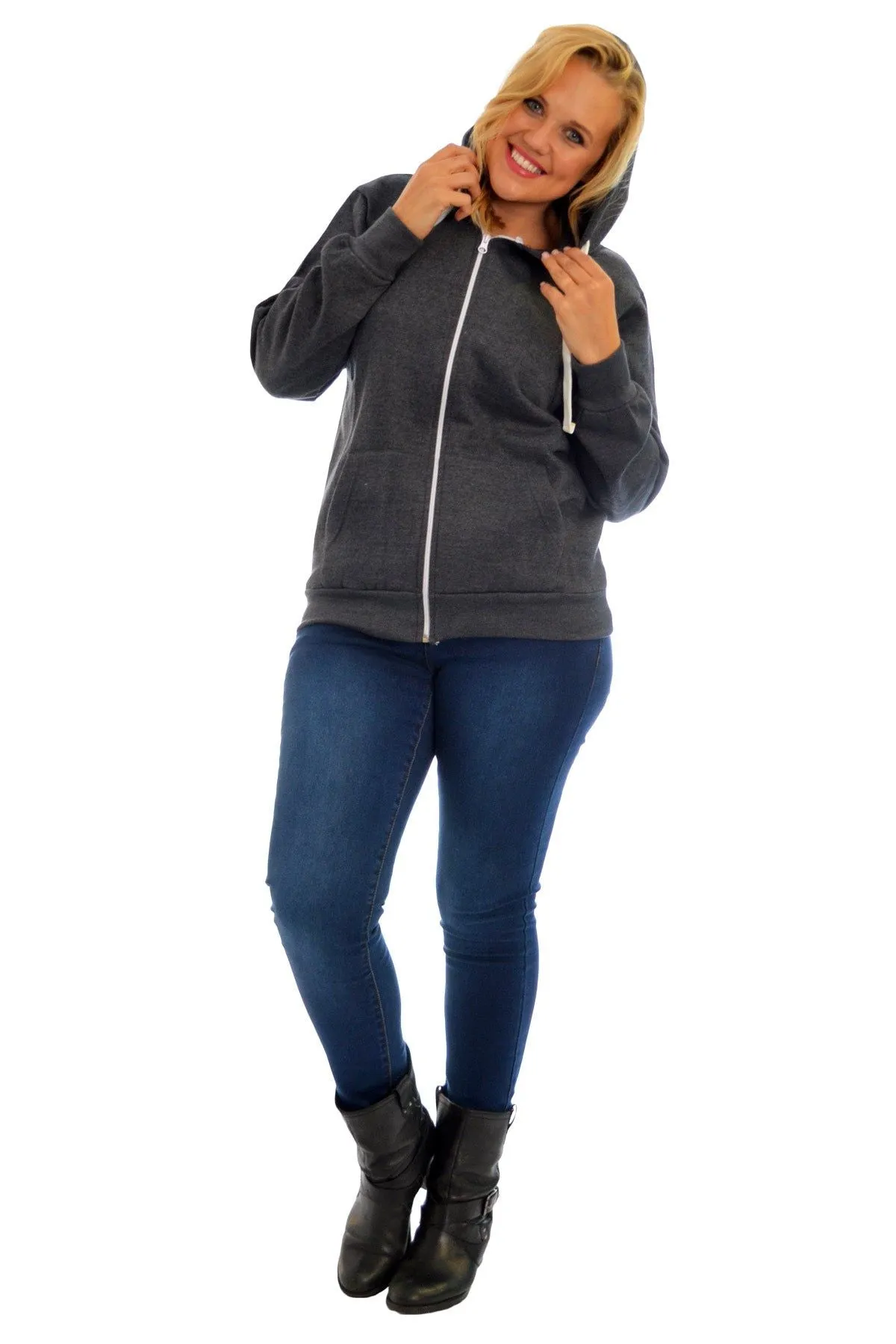 Plus Size Pocket Plain Zip Hoodie