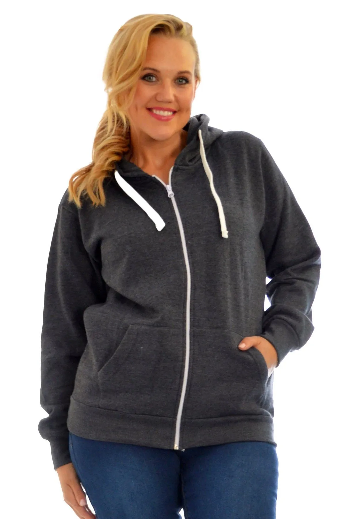 Plus Size Pocket Plain Zip Hoodie