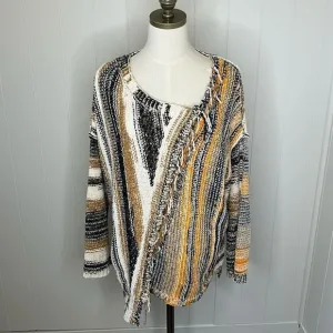 Pol Womens Oversized Small Sweater Black Cream Gold Frayed Seams Chunky NWOT
