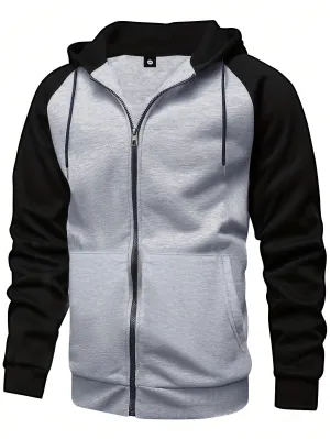 QA Men's Basic Zipper Hooded Long-sleeved Coat For Fall & Winter, Simple & Fashionable Solid Color, With Raglan Sleeve, Ideal For Casual Wear, Sports, Running, Outdoor Activities, Etc.
