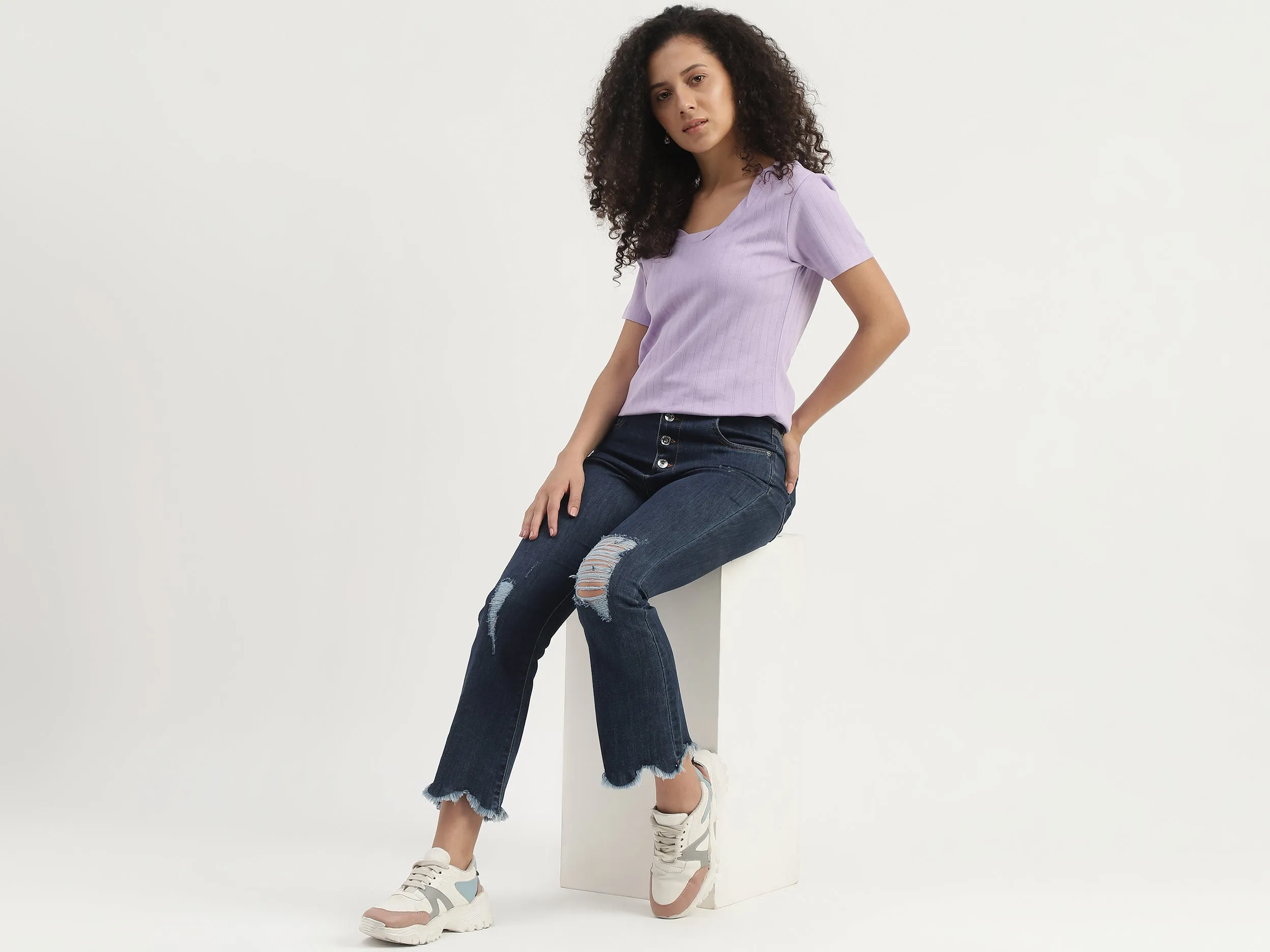 Ripped & Frayed Button Down Bootleg Jeans
