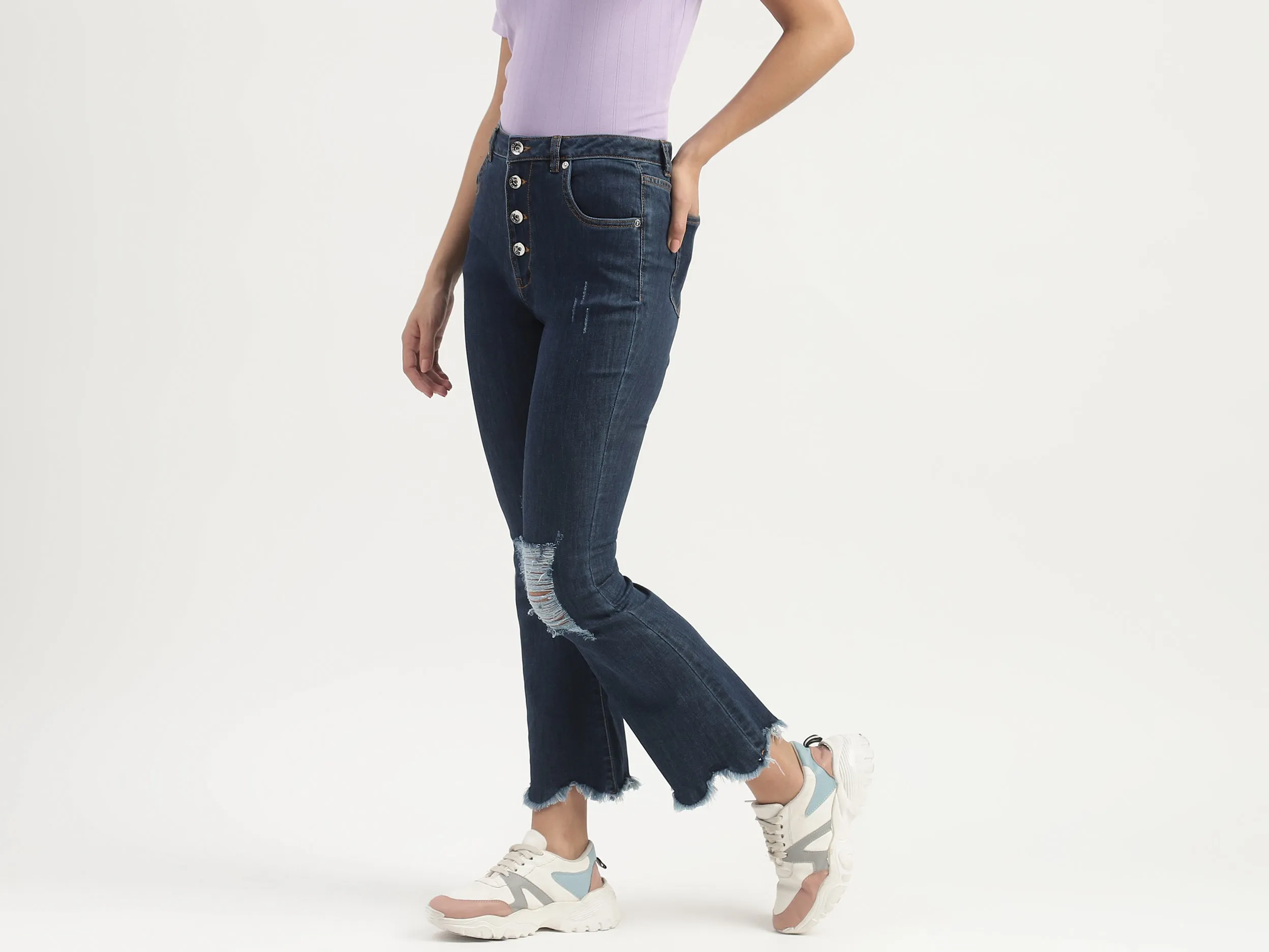 Ripped & Frayed Button Down Bootleg Jeans