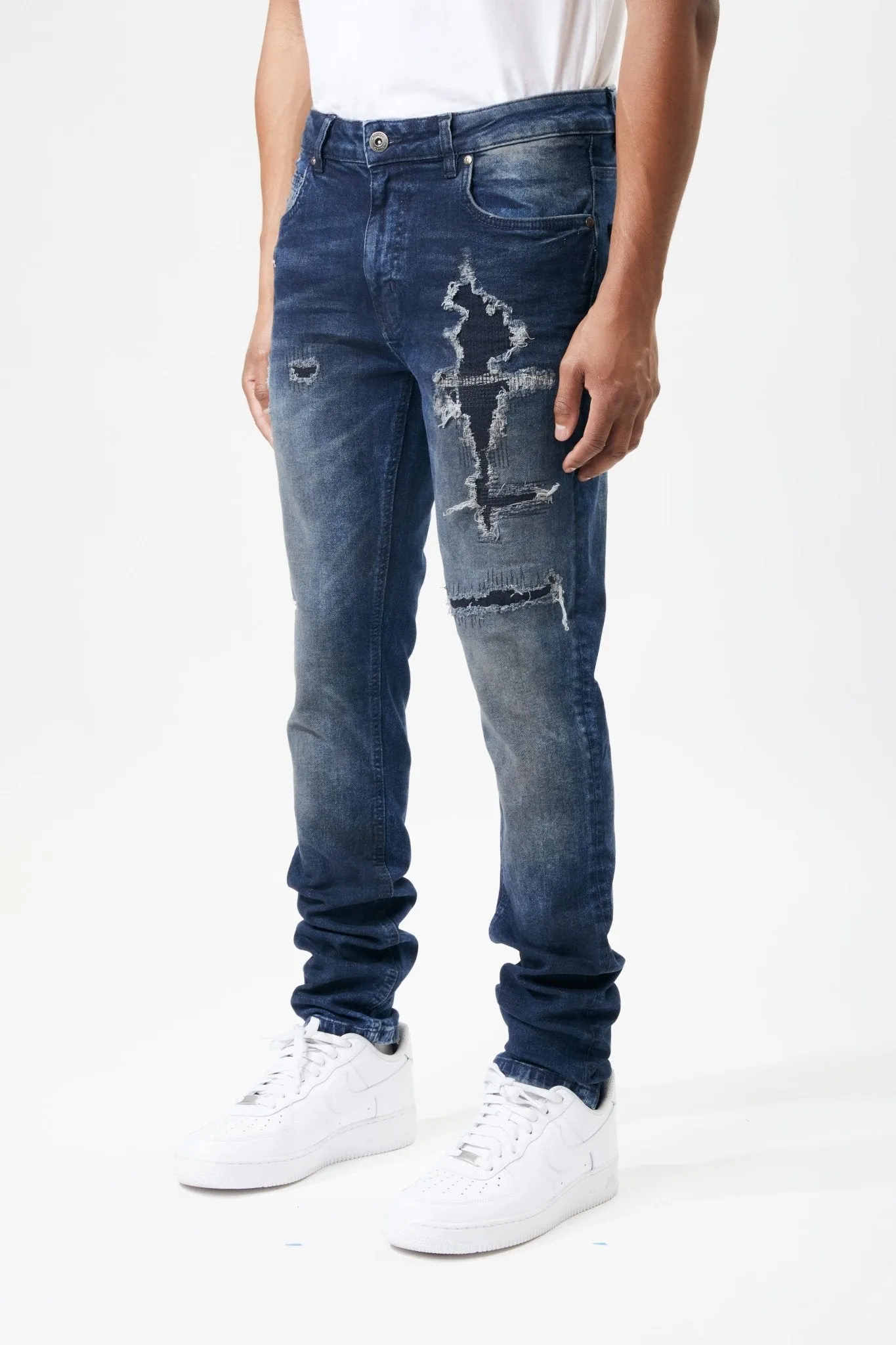 Ripped and Repaired Denim Jeans in Ink