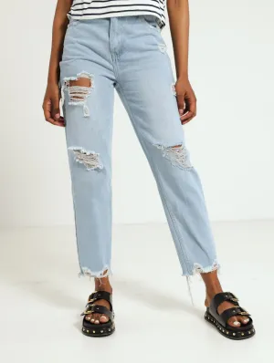 Ripped Hem Mom Jean - Salty Light Wash