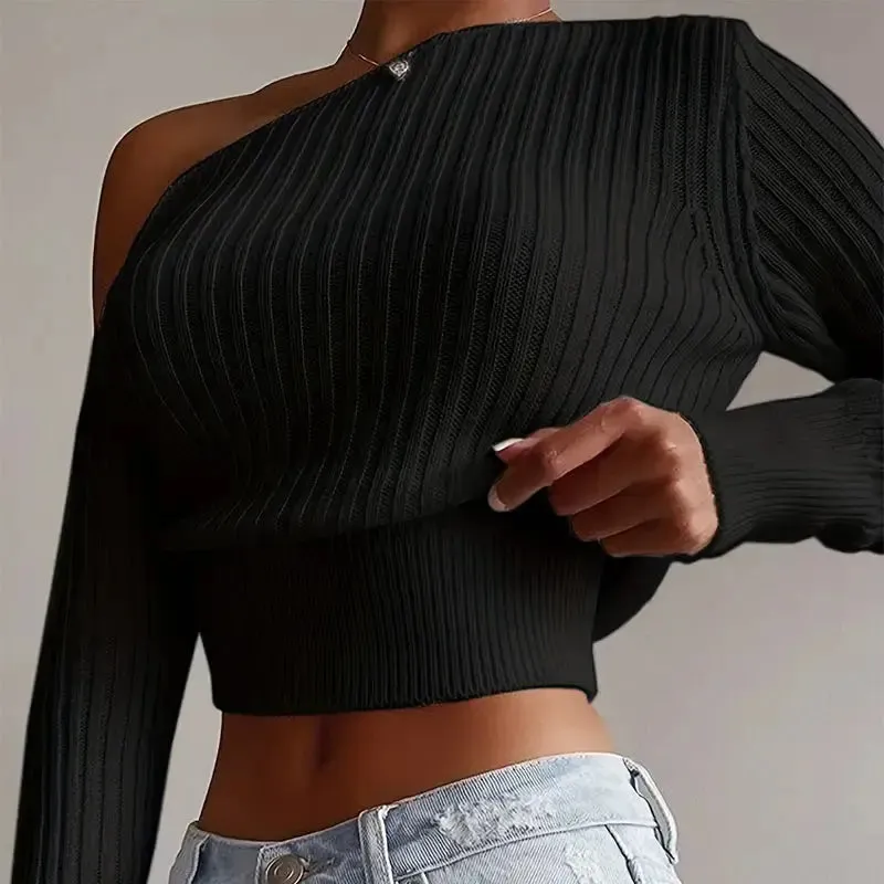 Sexy off shoulder sweater Crop Solid Color Sexy Party Club Style Knitted Sweater Pullover