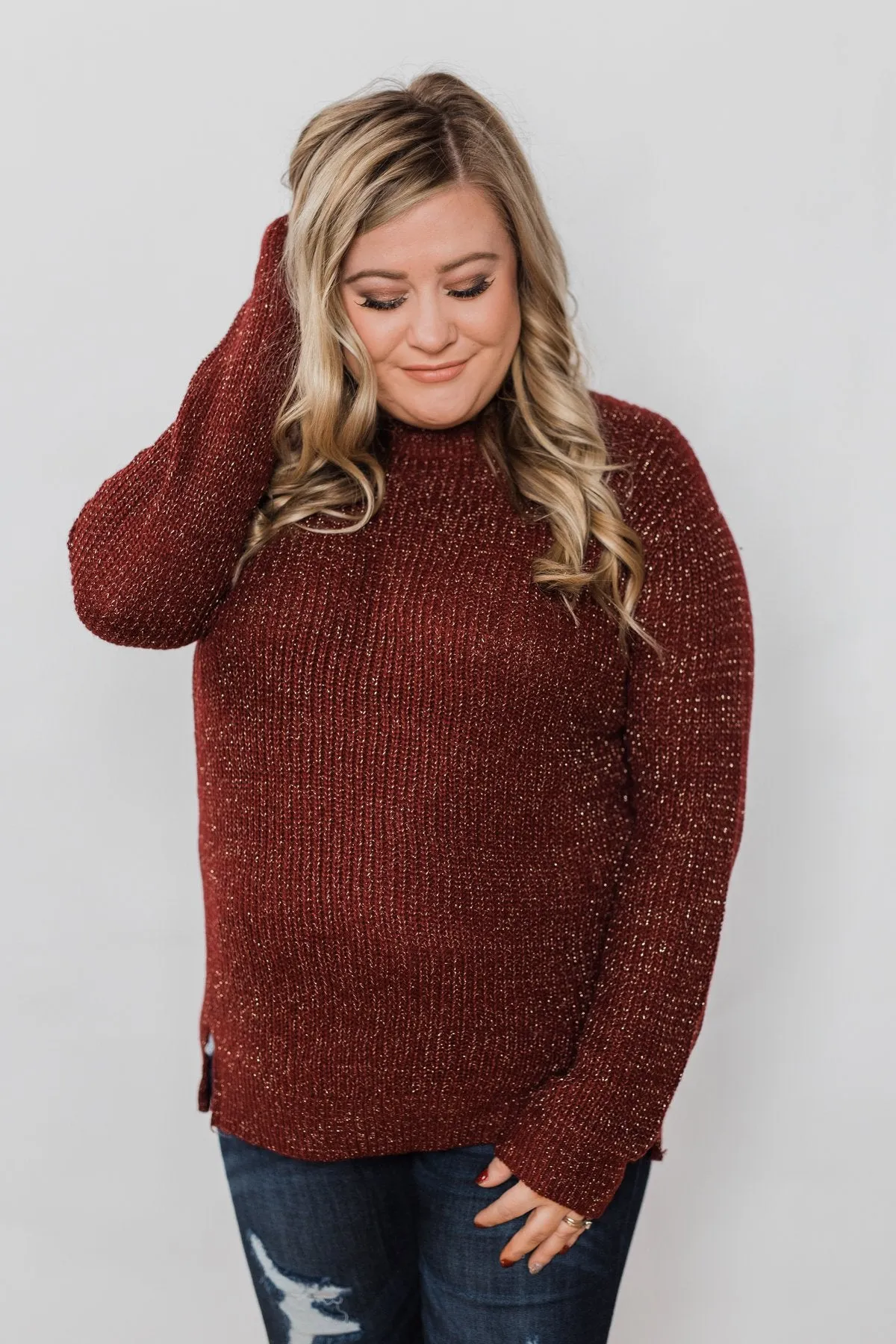 Shimmer All Night Long Knitted Sweater- Burgundy