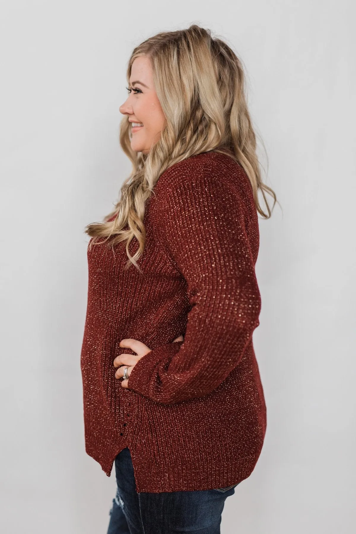 Shimmer All Night Long Knitted Sweater- Burgundy