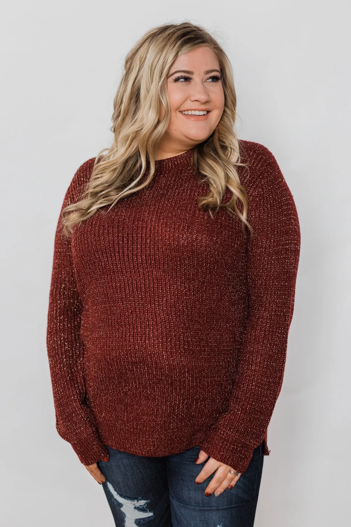 Shimmer All Night Long Knitted Sweater- Burgundy