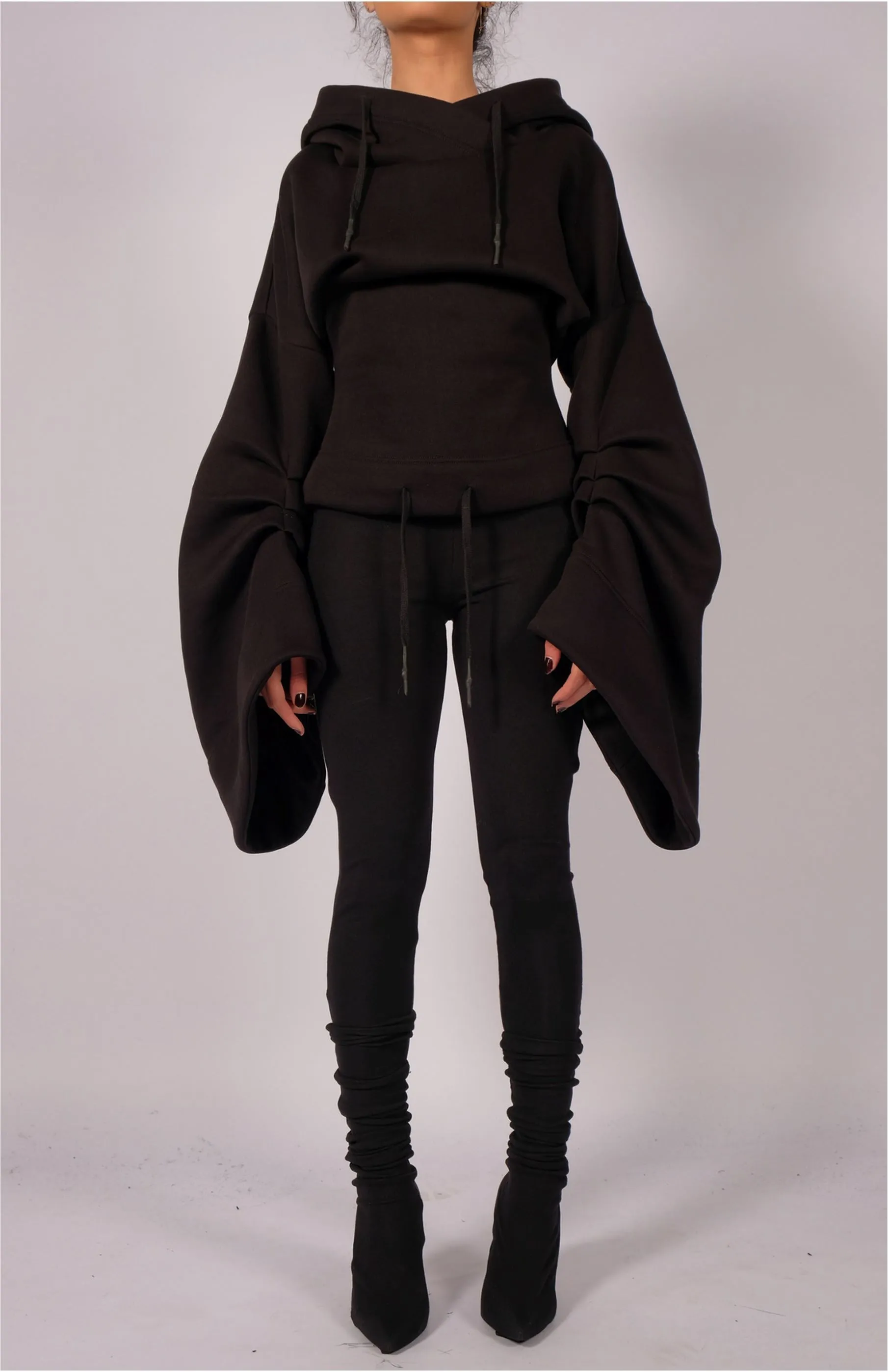 Short Sweatshirt Hoodie with Sleeve Detail