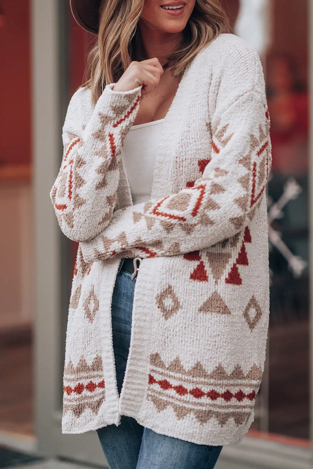 Snow White Aztec Pattern Open Knitted Sweater Cardigan