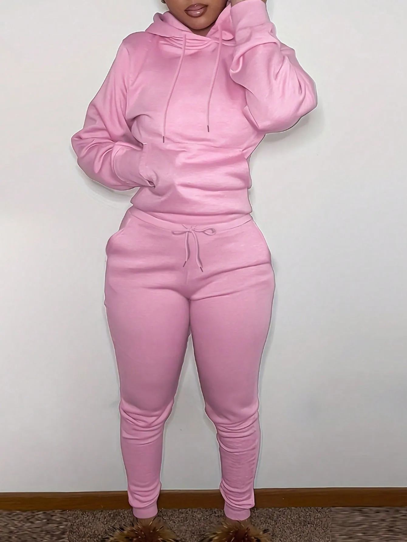 Solid Drawstring Hoodie & Sweatpants