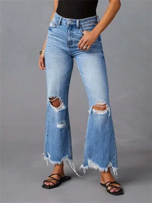 Street Ripped Holes Raw Edge Light Blue Jeans for Women