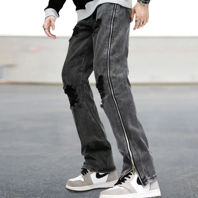 Street side zipper ripped slightly spicy bootcut jeans