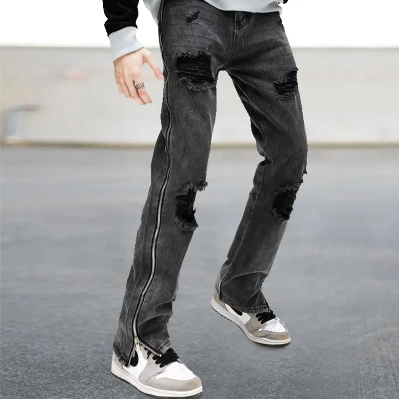 Street side zipper ripped slightly spicy bootcut jeans