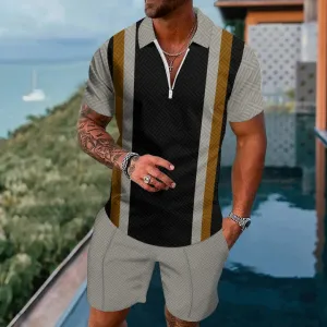 Stripe Print Short Sleeve Zip Polo Board Shorts Set 2405000687