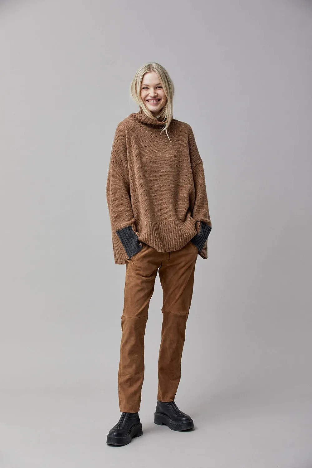 Suede Straight Leg Pants - Camel