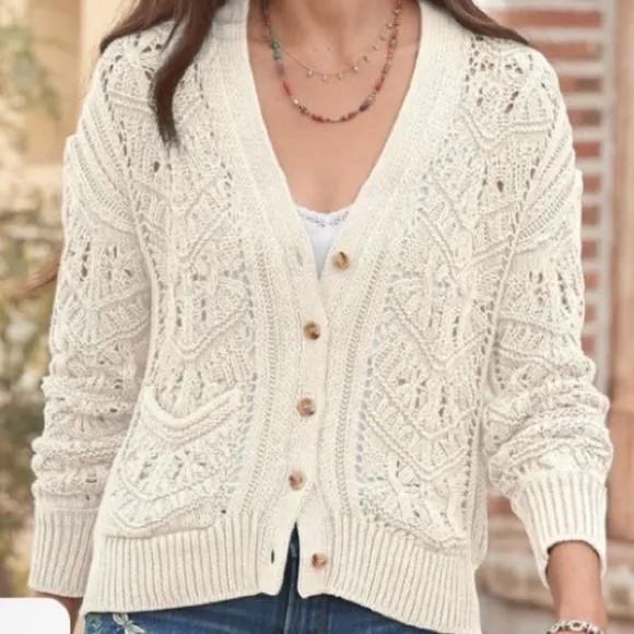 Sundance Aveline Warm White Cotton Button Down V-Neck Cardigan Sweater