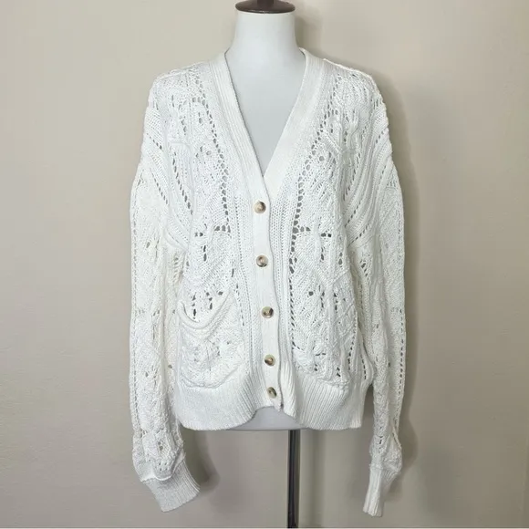 Sundance Aveline Warm White Cotton Button Down V-Neck Cardigan Sweater
