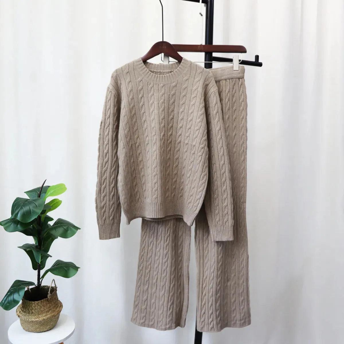 Sweater Pullover Plus Knitted Wide-legged Pants Two-piece Set