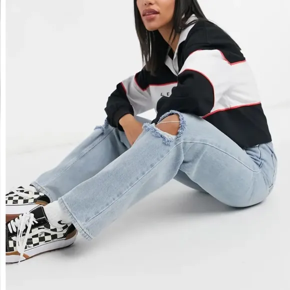 TOPSHOP Boot Cut High Rise Light Wash Ripped Knees Jeans