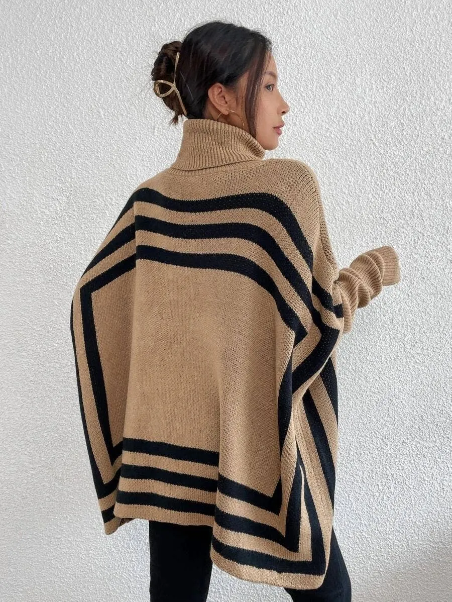 Turtleneck striped bat sleeve cape sweater coat
